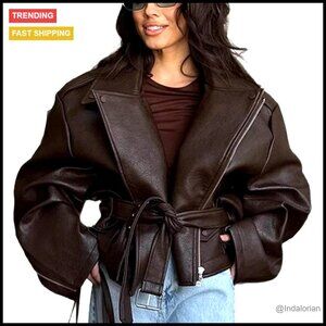 Oversized Leather Motorcycle Jacket Cropped Zip Up Belted Y2K Streetwear